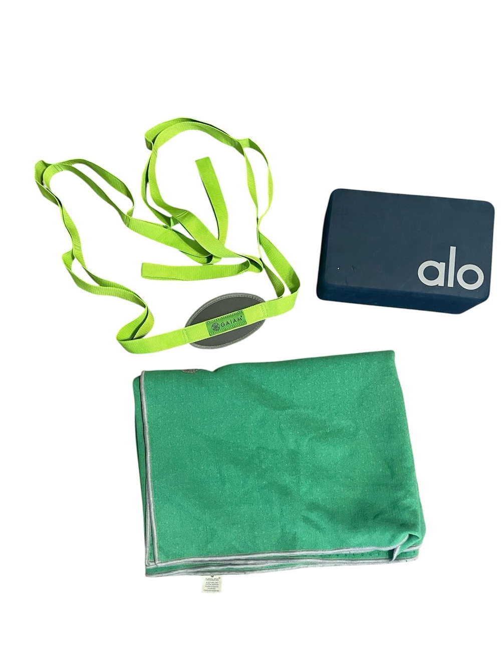Yoga bundle: strap, hot yoga towel, block gaiam and alo yoga